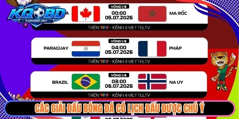 Các giải đấu bóng đá có lịch đấu được chú ý