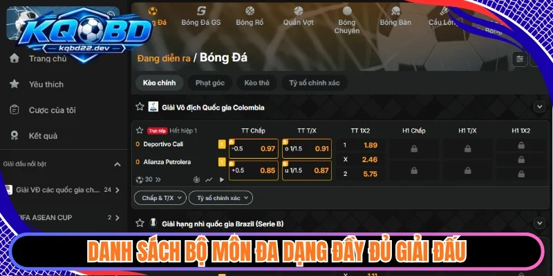 Danh sách bộ môn đa dạng đầy đủ giải đấu